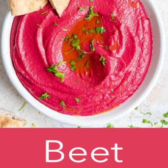 beet hummus in a white bowl