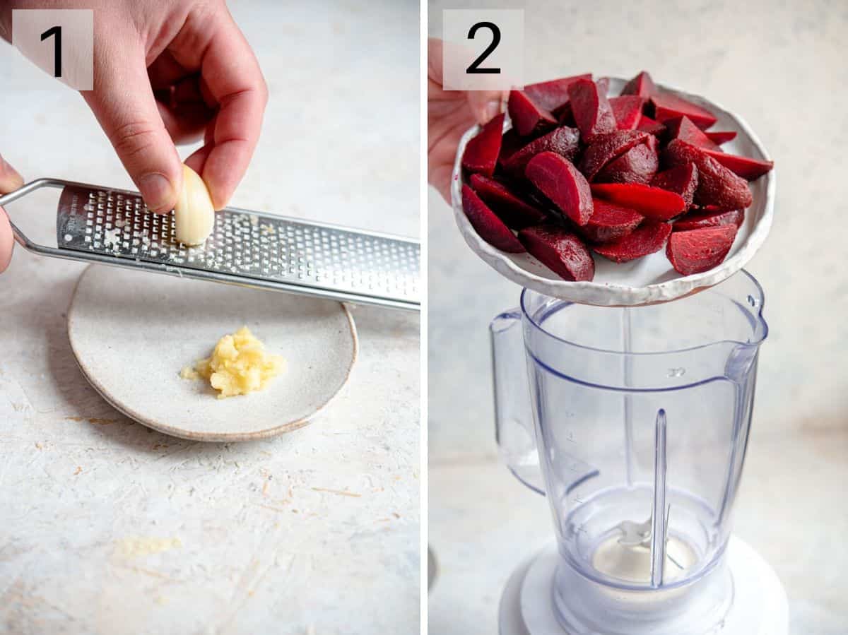 Two photos showing how to make beet hummus