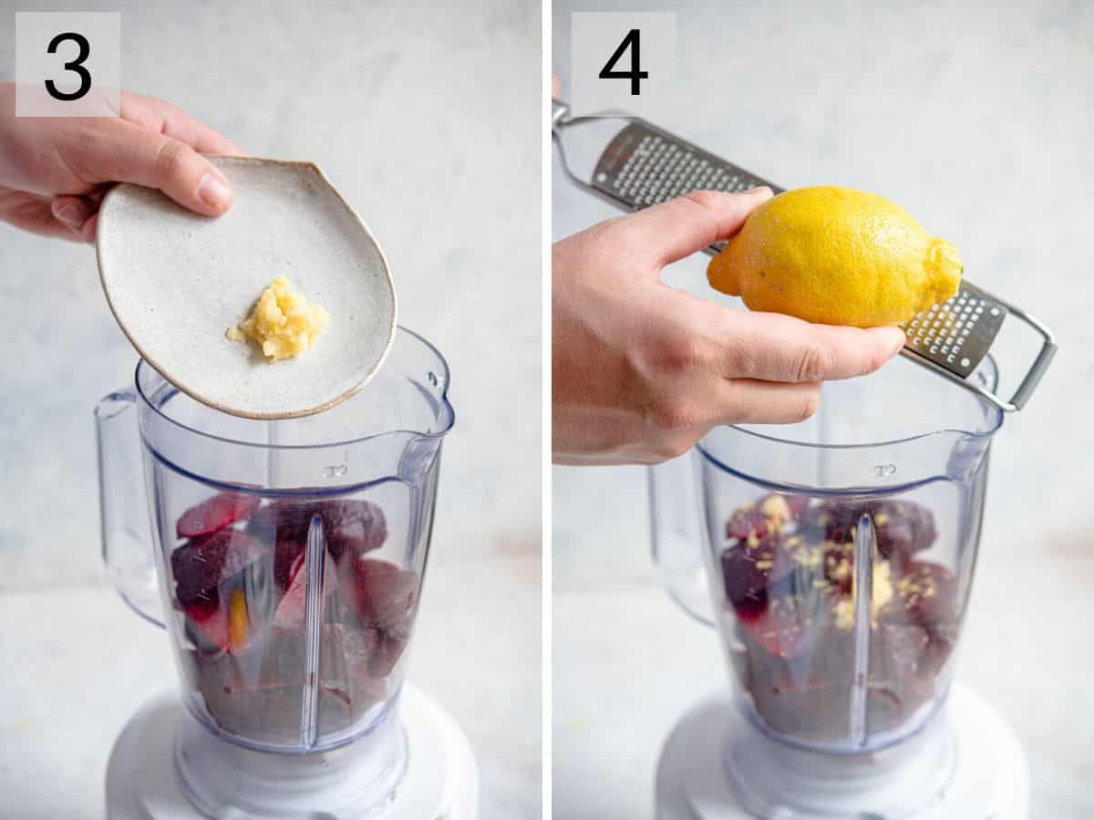 Two photos showing how to add ingredients to a blender to make hummus