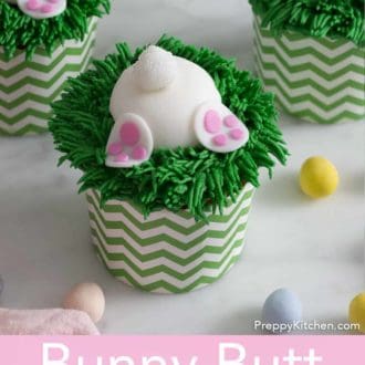 Pinterest graphic of a bunny butt Easter cupcake with two more off to the side with mini chocolate eggs.