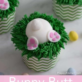 Pinterest graphic of a bunny butt Easter cupcake with two more off to the side.