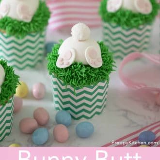 Pinterest graphic of multiple bunny butt Easter cupcakes with mini chocolate eggs and ribbon scattered around.