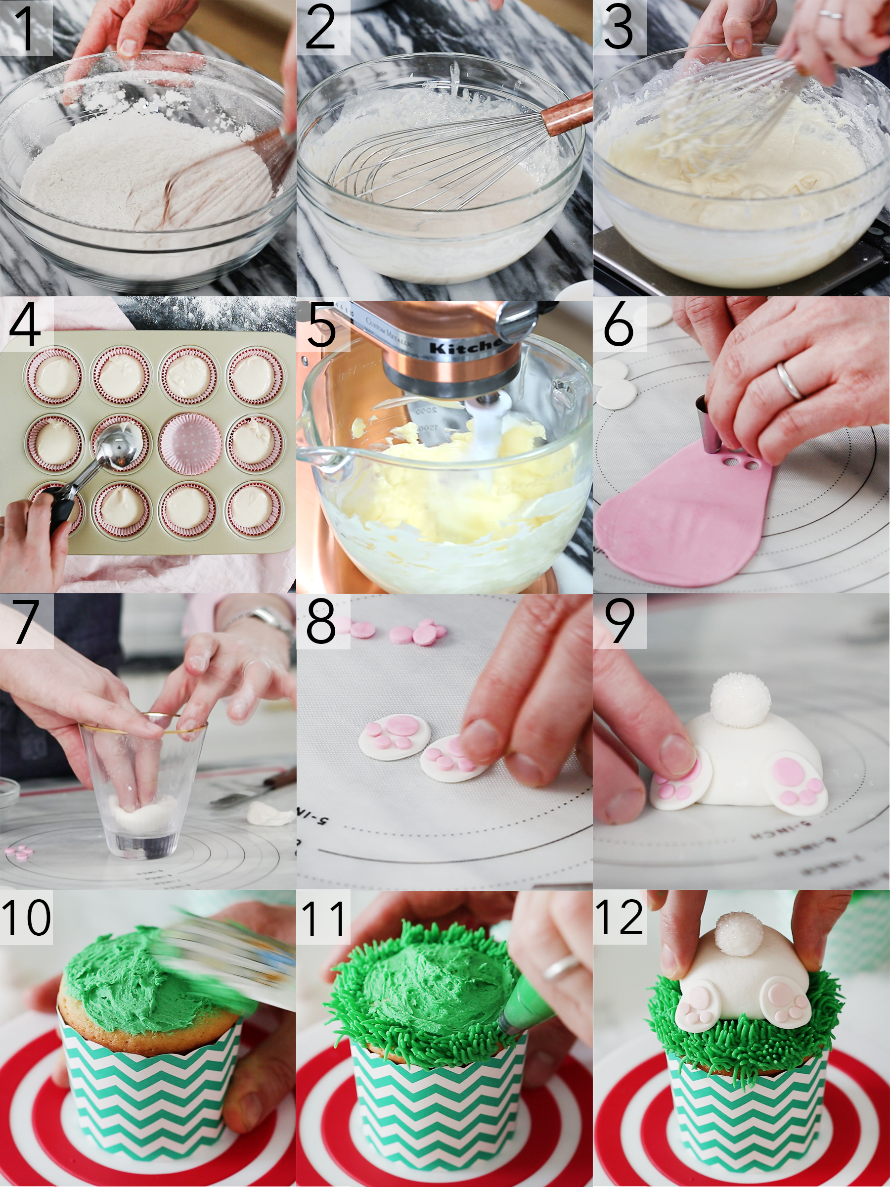 A photo showing steps on how to make bunny butt cupcakes.