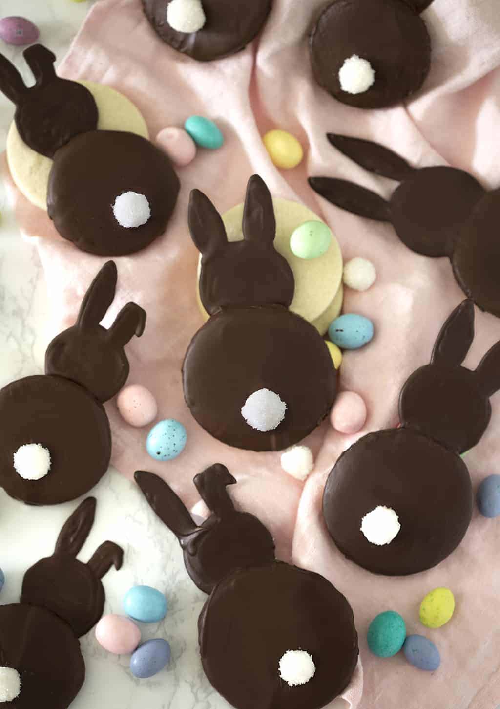 A photo of chocolate coated bunny cookies.
