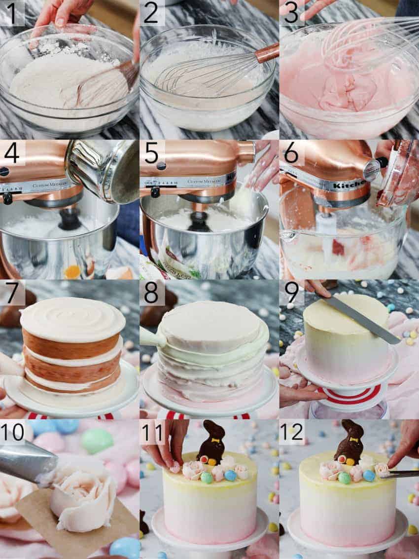 A photo showing steps on how to make an Easter bunny cake.