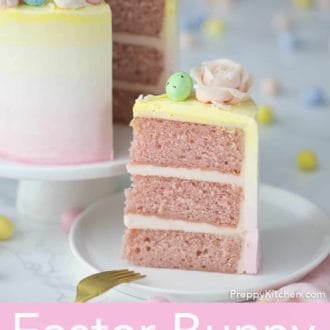 3 layered strawberry easter cake with flowers and bunny