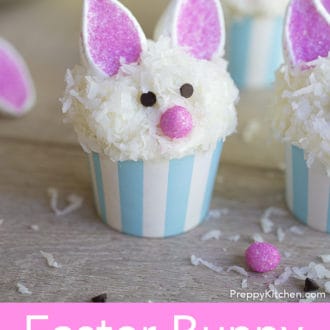 Pinterest graphic of Easter bunny cupcakes with marshmallow bunny ears.
