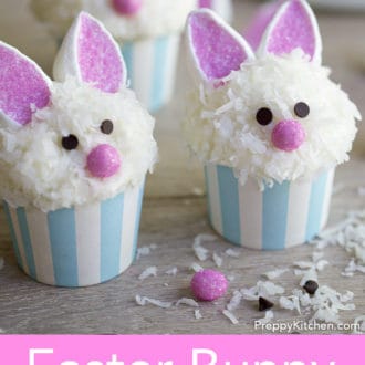 Pinterest graphic of two Easter bunny cupcakes with marshmallow bunny ears in front and one in the back..