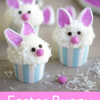 Pinterest graphic of three Easter bunny cupcakes with marshmallow bunny ears.