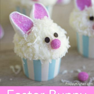 Pinterest graphic of Easter bunny cupcakes with marshmallow bunny ears.