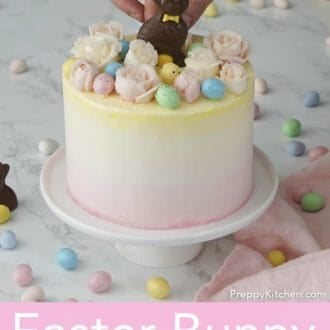 3 layered strawberry easter cake with flowers and bunny