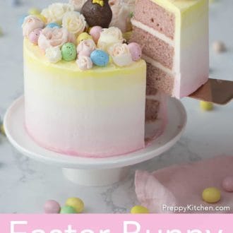 3 layered strawberry easter cake with flowers and bunny