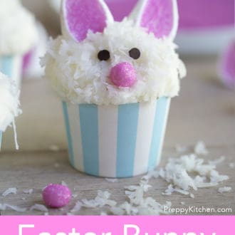 Pinterest graphic of an Easter bunny cupcake with marshmallow bunny ears. Shredded coconut scattered around.