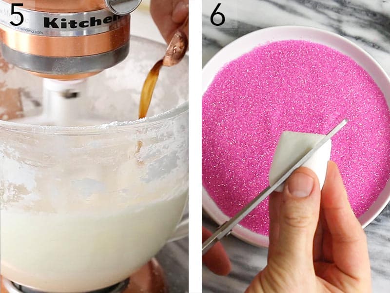 Vanilla buttercream mixing in a bowl to make Easter bunny cupcakes.