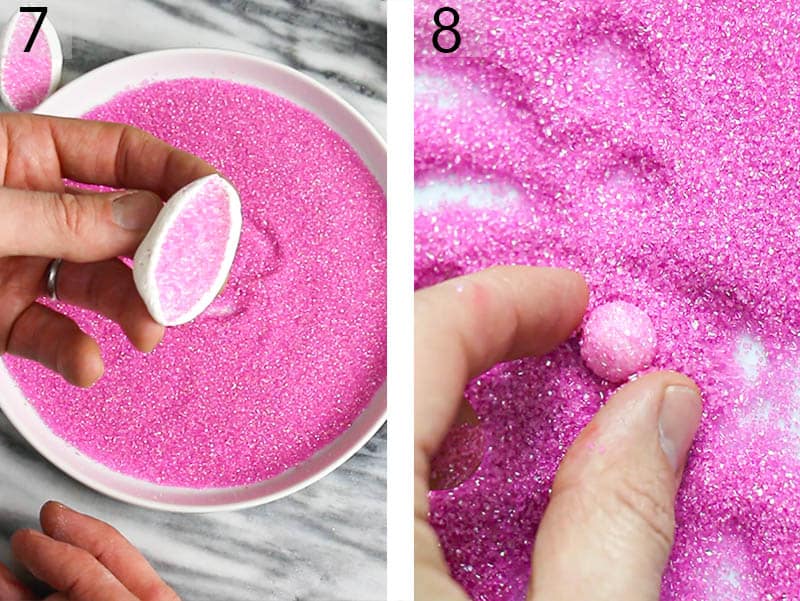 Marshmallow ears and a fondant nose getting a coating of pink sanding sugar.