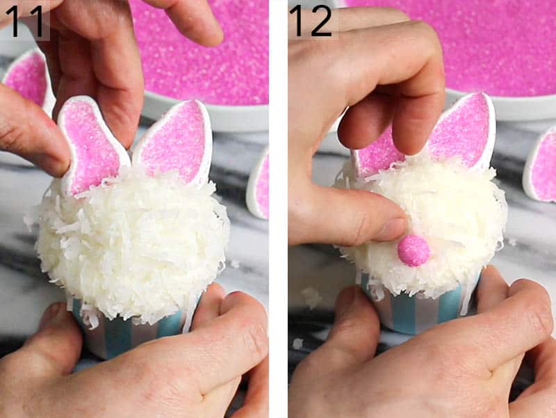 Easter bunny cupcakes getting assembled
