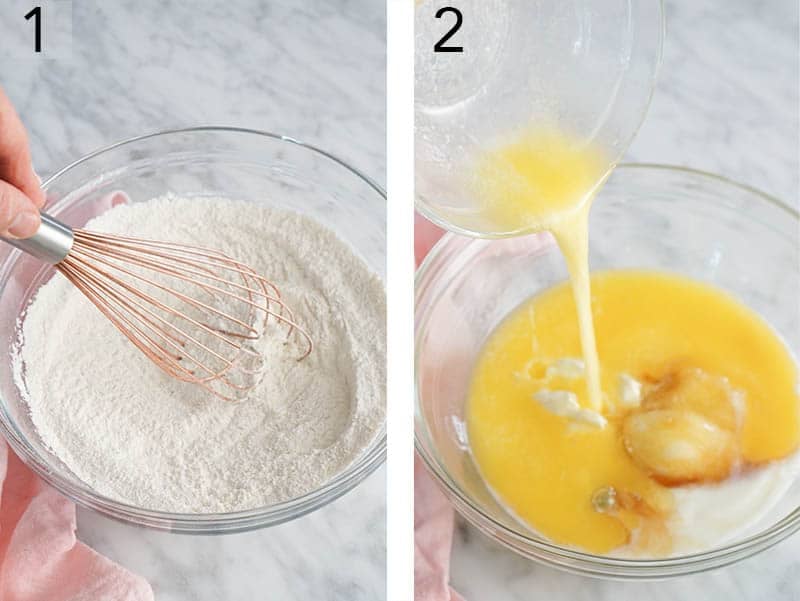 Wet and dry ingredients getting mixed in separate bowls for Easter bunny cupcakes