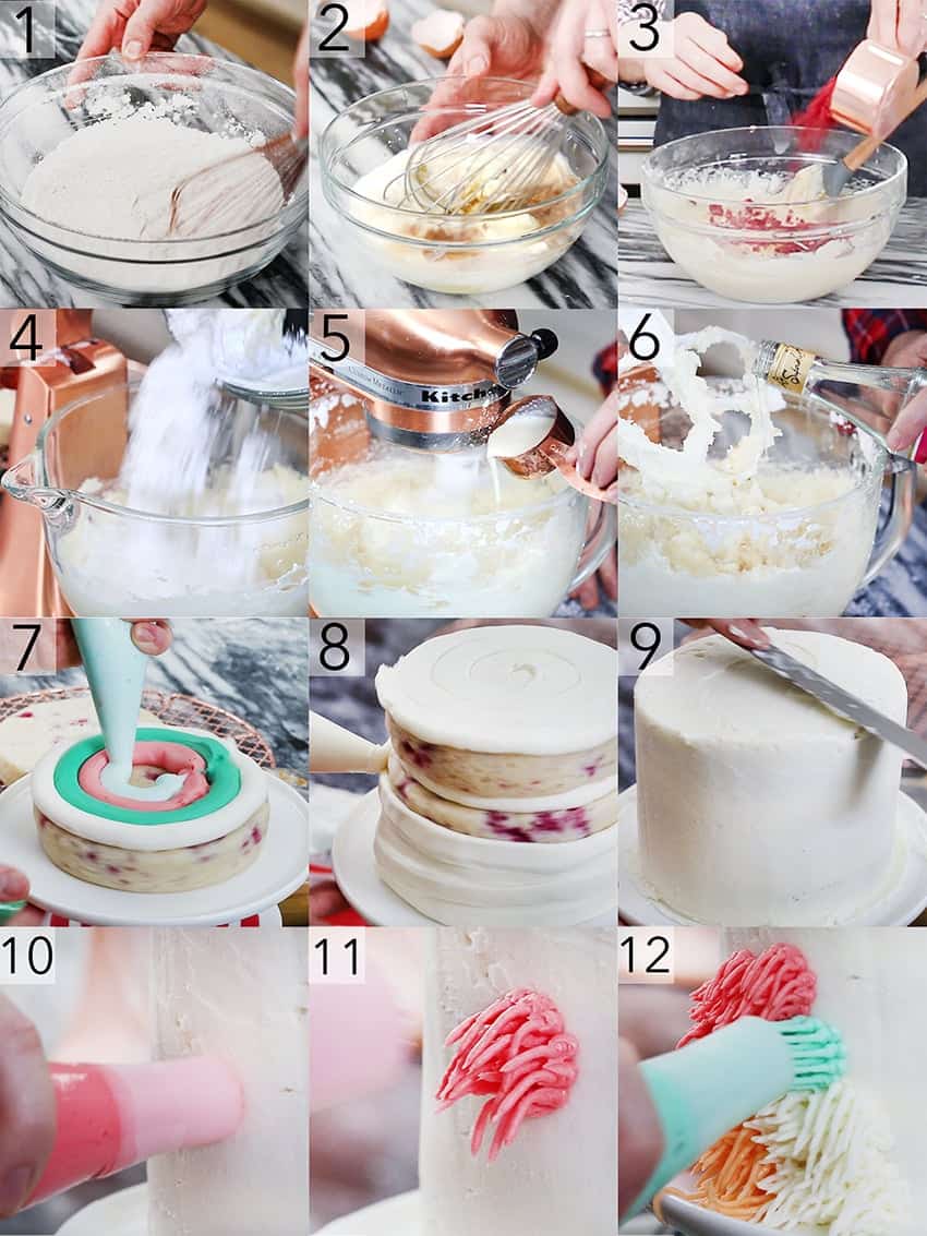 photo collage of a colorful raspberry cake being made