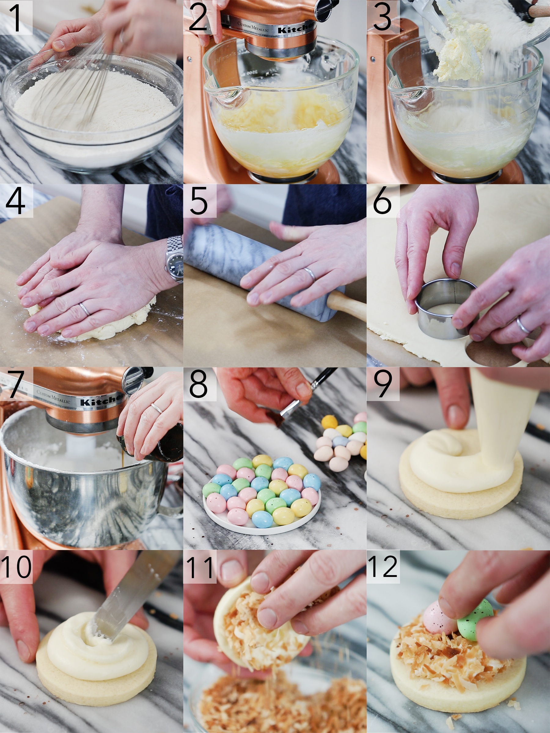 Step by step photos for making bird's nest Easter Cookies