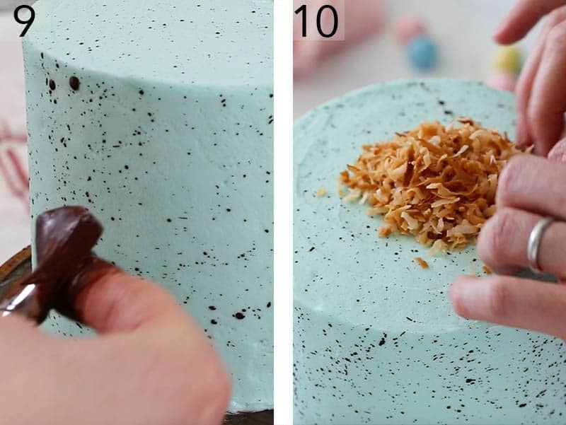 Easter egg cake getting chocolate speckles and a coconut nest.