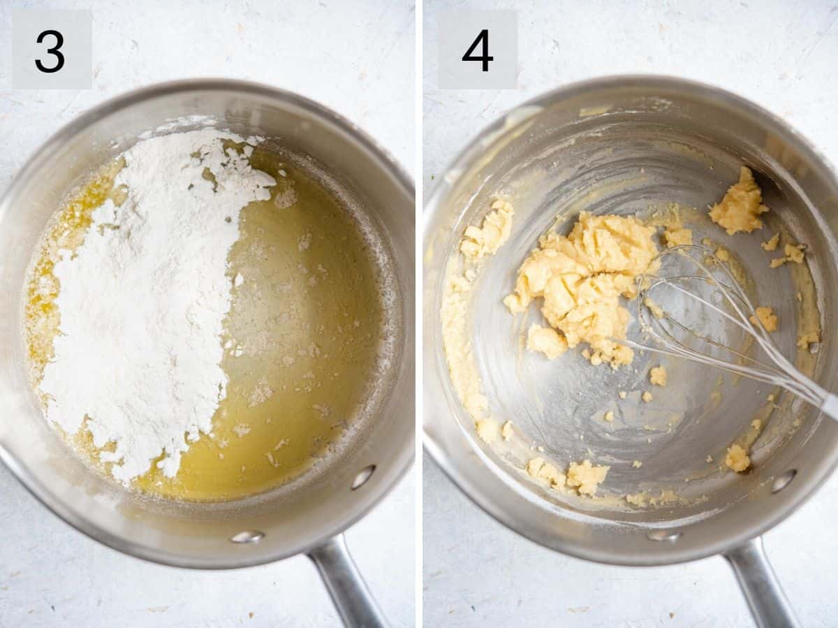 Two photos showing how to make a roux for a cheese sauce