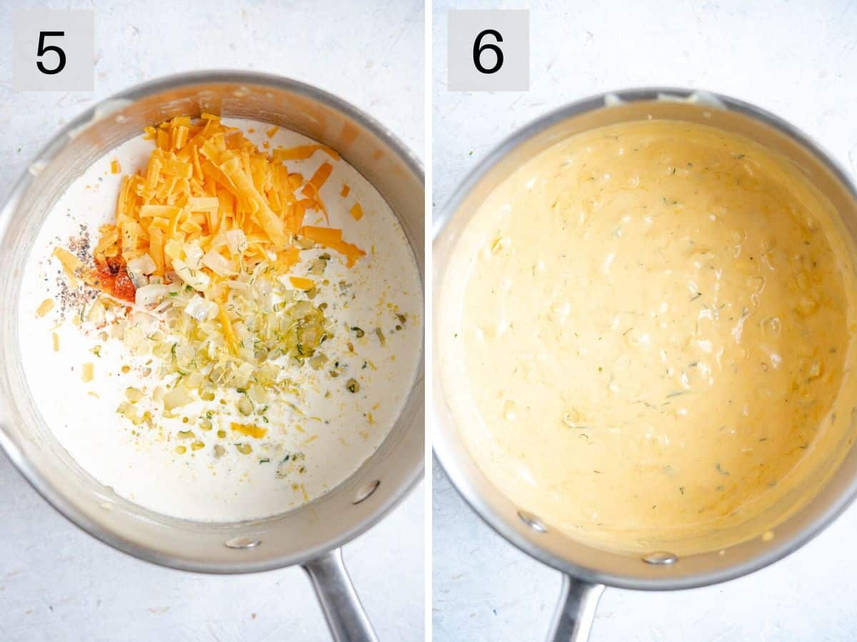 Two photos showing how to make a cheese sauce