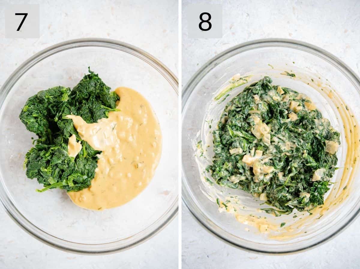 Two photos showing how to prepare the filling for stuffed sole fish