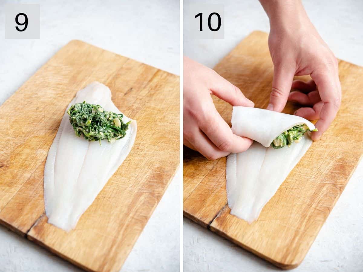 Two photos showing how to stuff and roll sole fillets