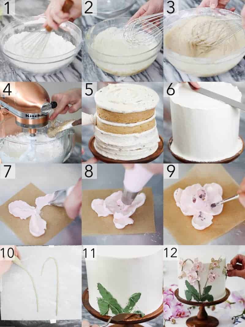 A photo collage showing steps to make a brown butter cake