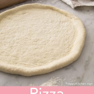 Pinterest graphic of pizza dough ready for sauce.