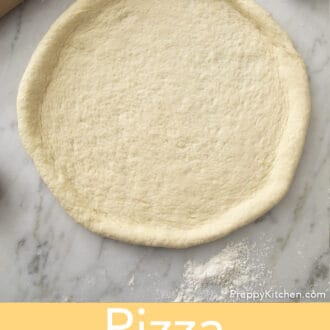 Pinterest graphic of a pizza dough rolled out.