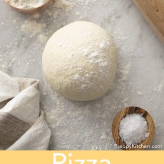 Pinterest graphic of a top-down view of pizza dough with flour dusted on top.