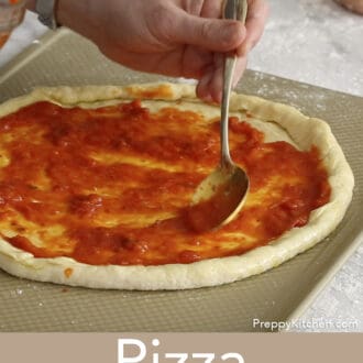 Pinterest graphic of sauce added to a pizza.