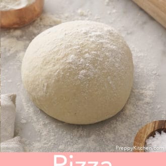 Pinterest graphic of a lightly floured ball of pizza dough.