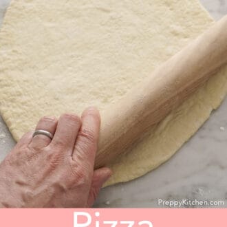 Pinterest graphic of pizza dough rolled out.