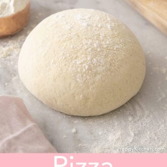 Pinterest graphic of pizza dough on a marble surface.