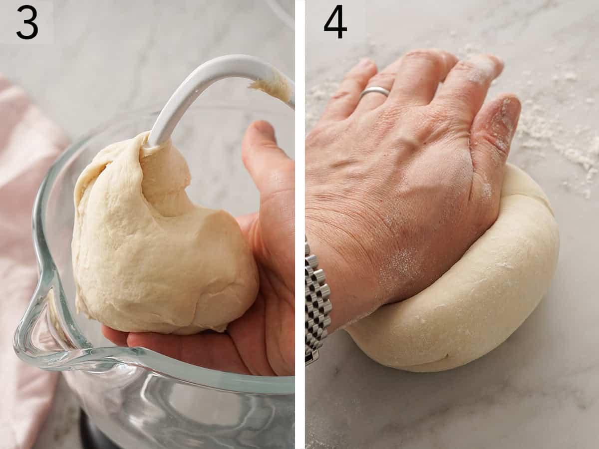 Set of two photos showing dough removed from the mixing bowl and kneaded.