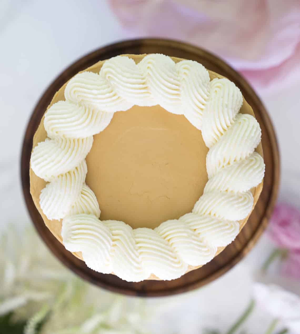 A photo of the top of a Dulce de Leche Cake.