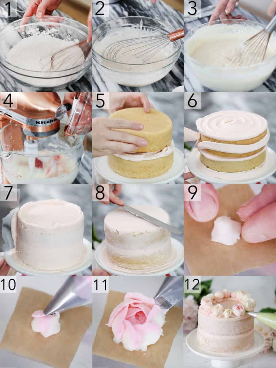 A photo collage showing steps to make two Smash Cakes with buttercream flowers on top