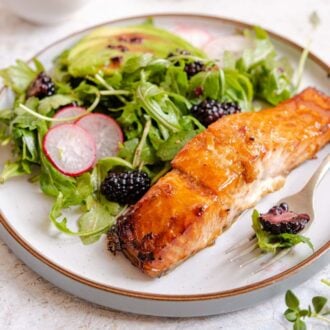 A square image on glazed salmon and salad on a plate