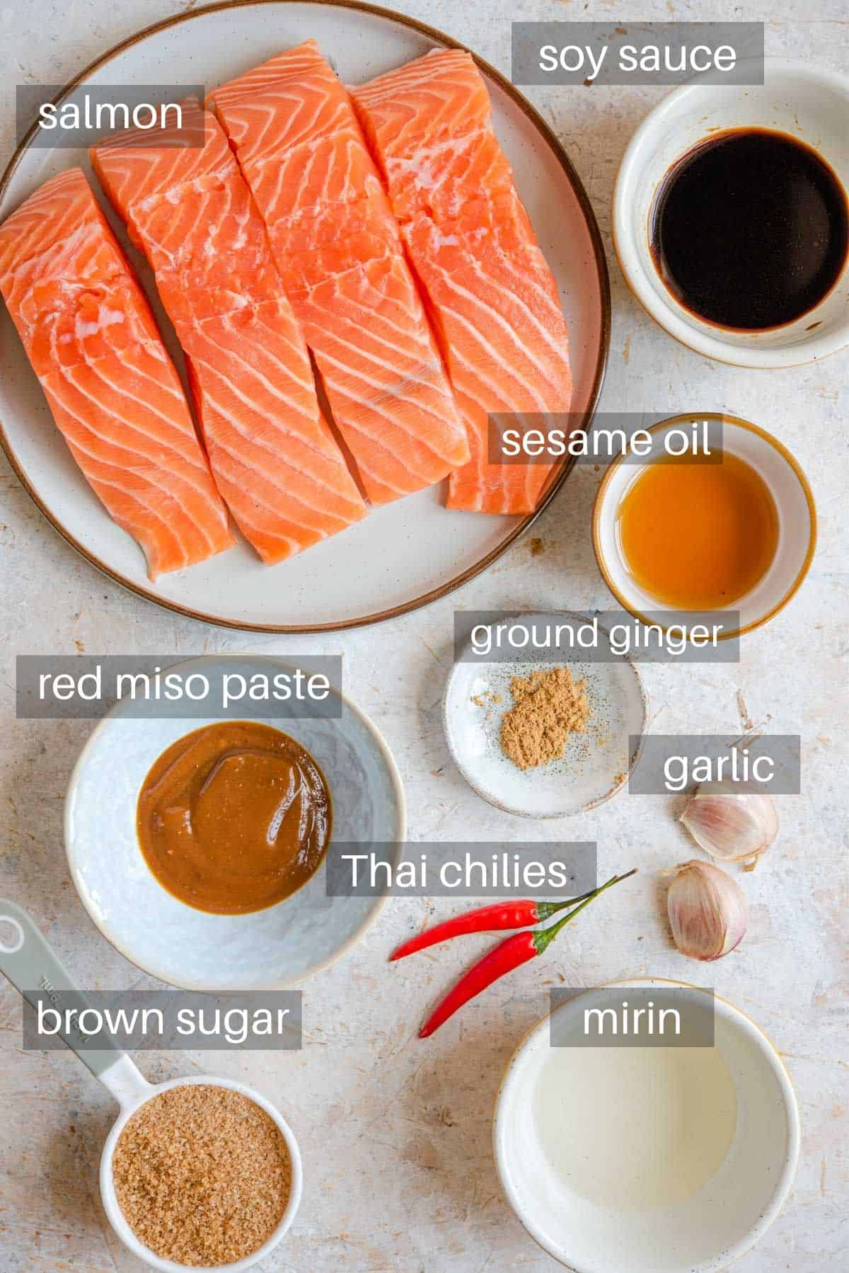 A photo showing all the ingredients you need to make glazed salmon