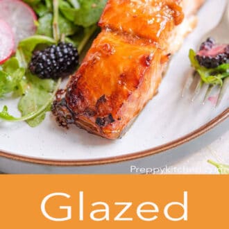 A pinterest graphic showing a close up of salmon on a plate and glazed salmon written underneath