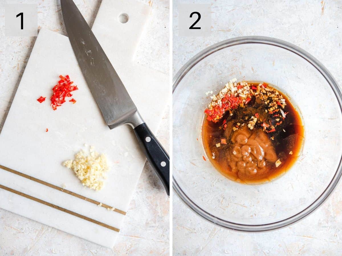 Two photos showing how to prepare ingredients for a salmon marinade