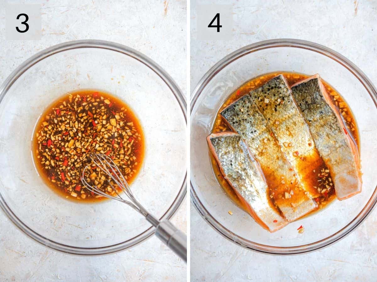 Two photos showing how to mix a marinade and how to marinate salmon