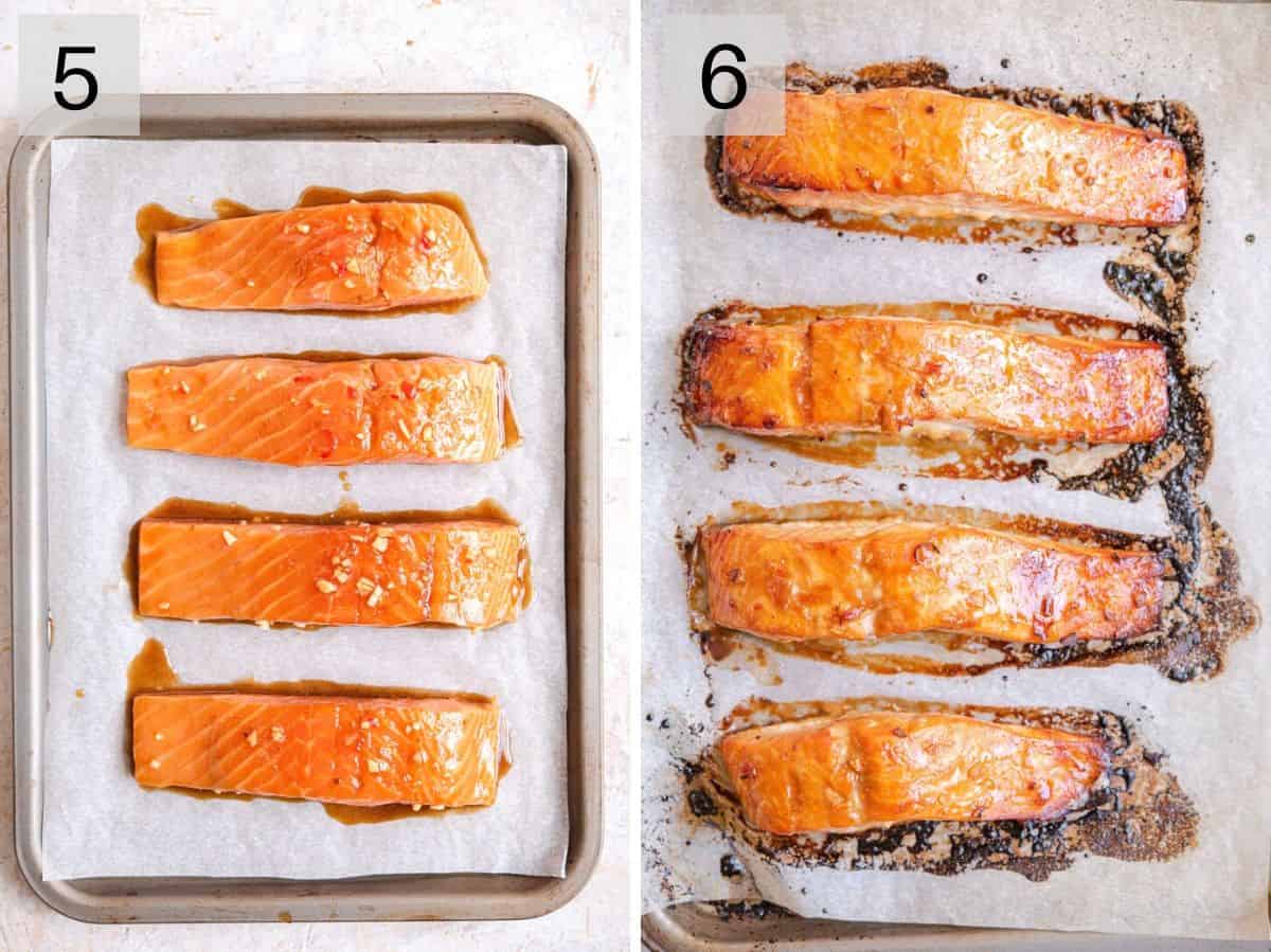 Two photos showing glazed salmon before and after cooking