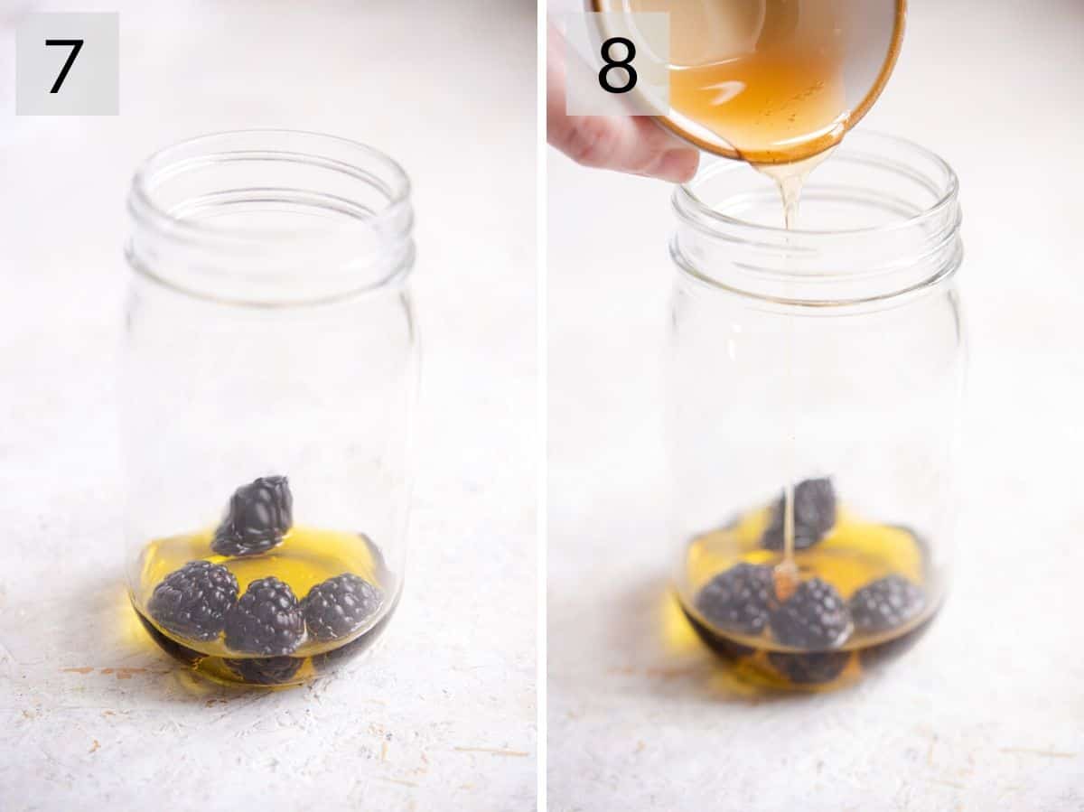 Two photos showing how to add ingredients to a mason jar to make a dressing