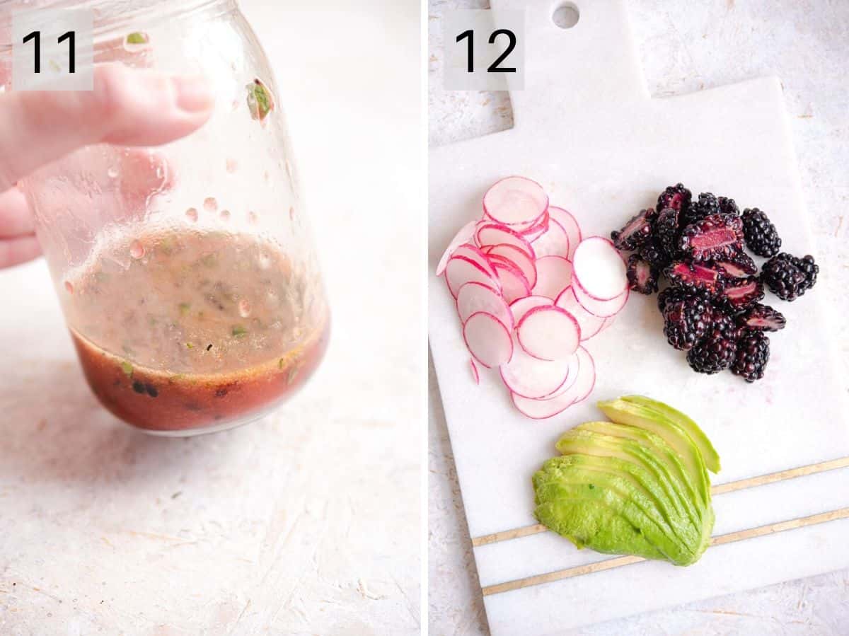 Two photos showing how to prepare the ingredients for a blackberry salad
