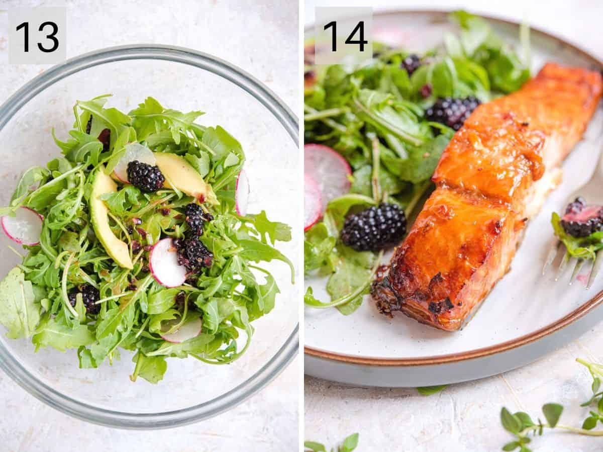 Two photos showing how to toss a side salad and served up glazed salmon