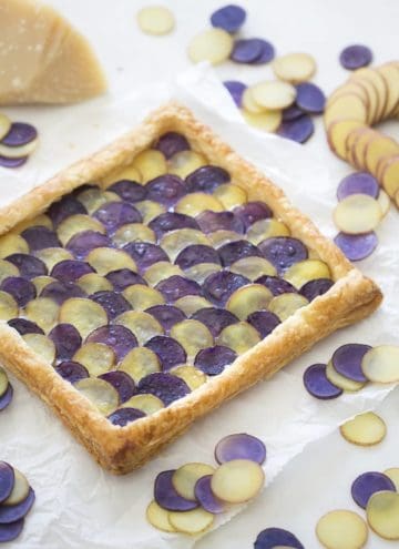 Photo of a stunning tart made from purple and white potatoes