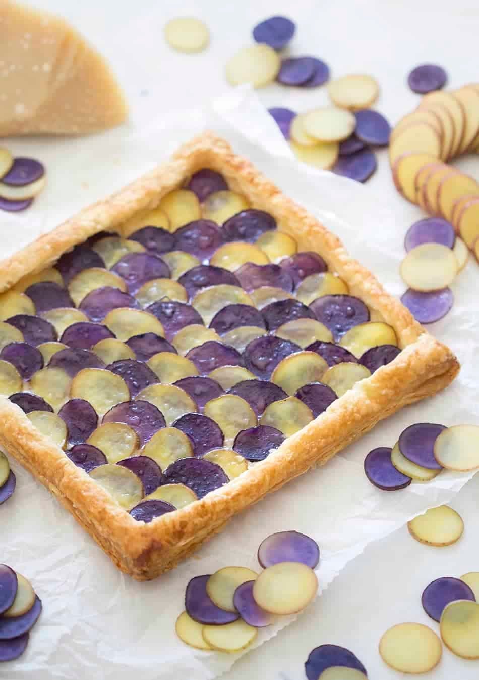 Photo of a stunning tart made from purple and white potatoes